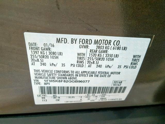 1FM5K8F82GGB96077 - 2016 FORD EXPLORER L BROWN photo 10