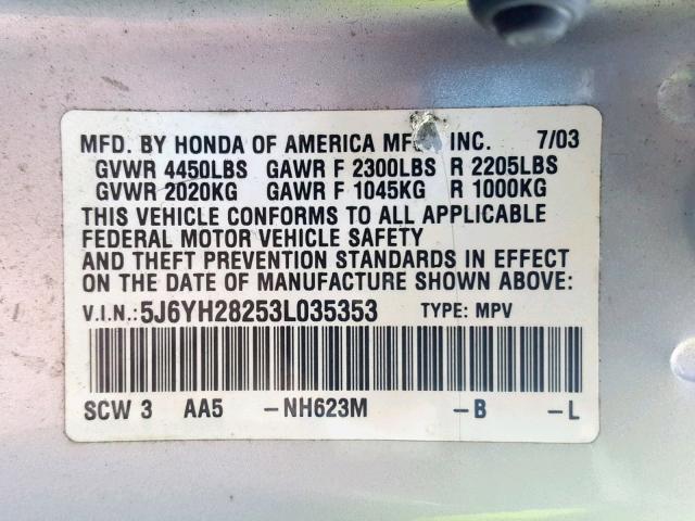 5J6YH28253L035353 - 2003 HONDA ELEMENT DX SILVER photo 10