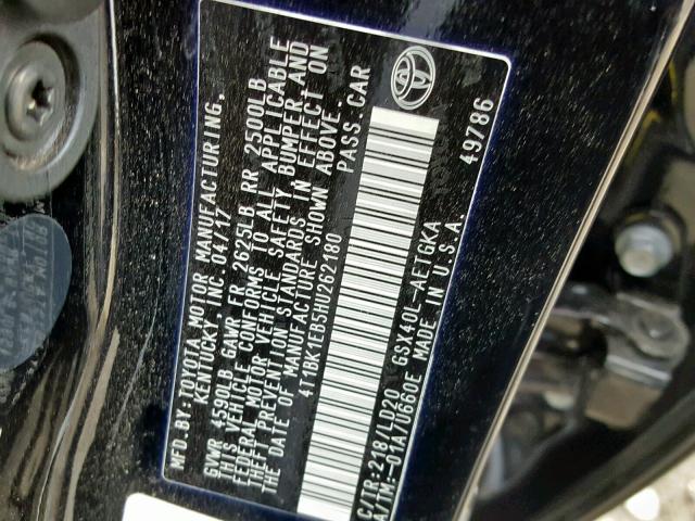 4T1BK1EB5HU262180 - 2017 TOYOTA AVALON XLE BLACK photo 10