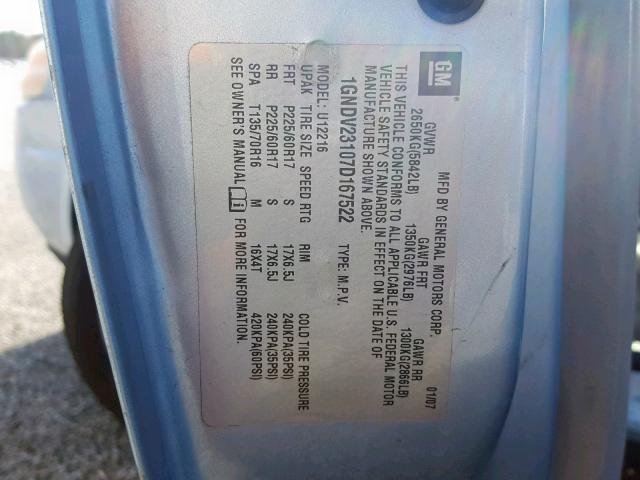 1GNDV23107D167522 - 2007 CHEVROLET UPLANDER L 蓝色 照片 10