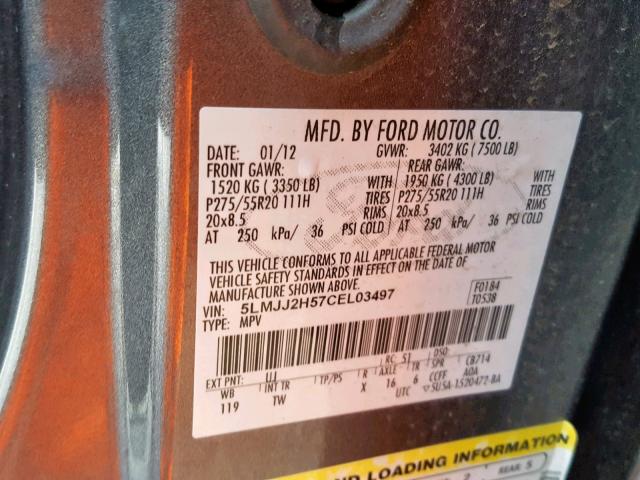 5LMJJ2H57CEL03497 - 2012 LINCOLN NAVIGATOR 石墨色 照片 10