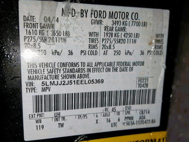 5LMJJ2J51EEL05369 - 2014 LINCOLN NAVIGATOR 黑色 照片 10