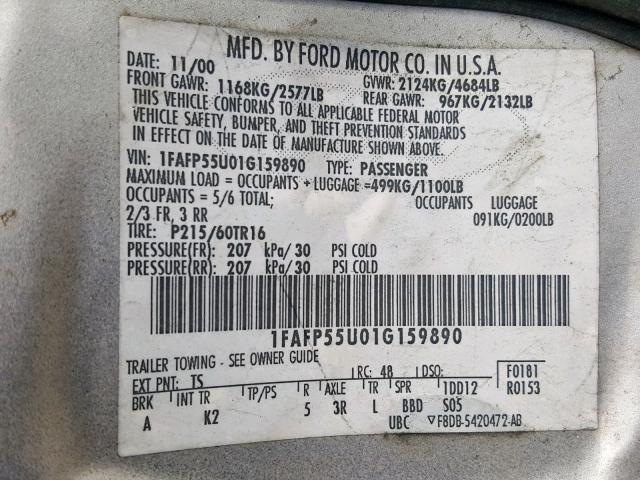 1FAFP55U01G159890 - 2001 FORD TAURUS SES SILVER photo 10