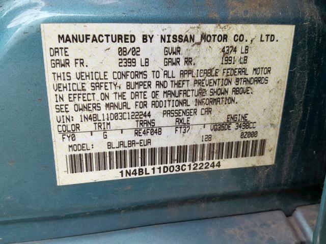 1N4BL11D03C122244 - 2003 NISSAN ALTIMA SE BLUE photo 10