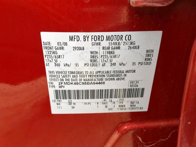 2FMDK48C98BA94466 - 2008 FORD EDGE SEL RED photo 10