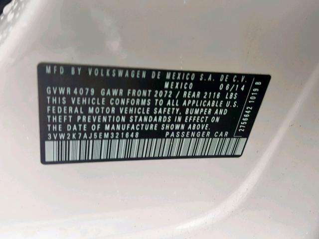 3VW2K7AJ5EM321648 - 2014 VOLKSWAGEN JETTA BASE WHITE photo 10