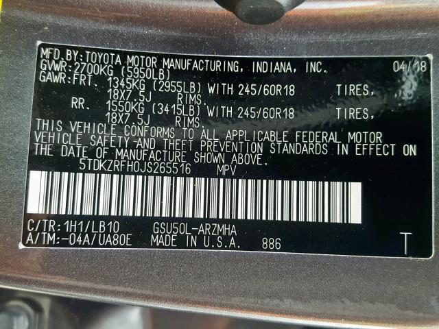 5TDKZRFH0JS265516 - 2018 TOYOTA HIGHLANDER GRAY photo 10