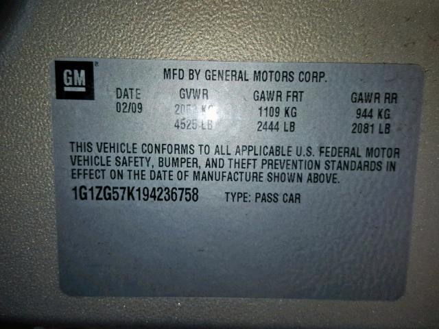 1G1ZG57K194236758 - 2009 CHEVROLET MALIBU LS BEIGE photo 10