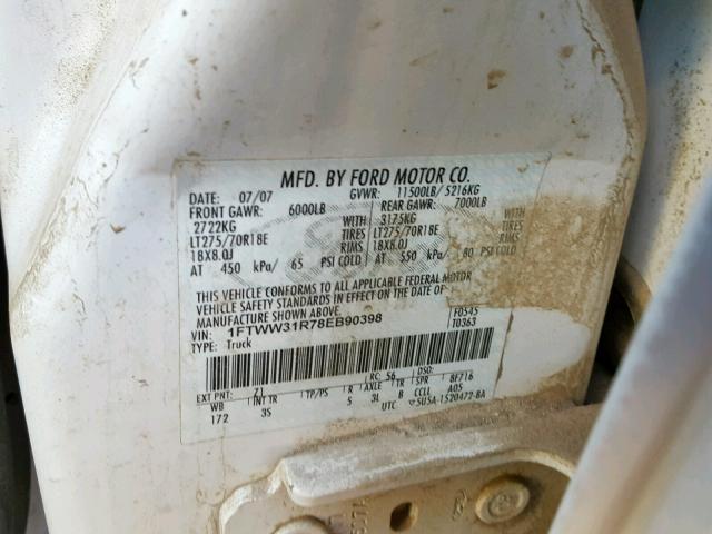 1FTWW31R78EB90398 - 2008 FORD F350 SRW S WHITE photo 10