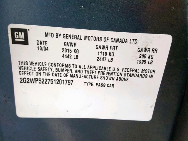 2G2WP522751201797 - 2005 PONTIAC GRAND PRIX GRAY photo 10