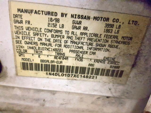 1N4DL01D7XC148221 - 1999 NISSAN ALTIMA XE WHITE photo 10