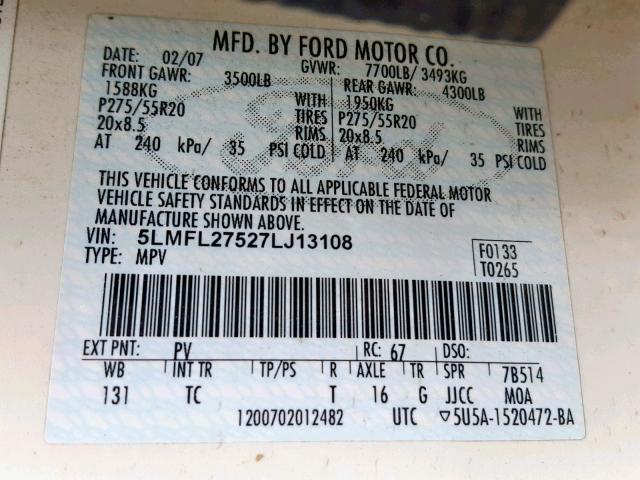 5LMFL27527LJ13108 - 2007 LINCOLN NAVIGATOR 奶油色 照片 10