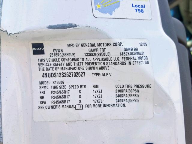 4NUDS13S262702627 - 2006 ISUZU ASCENDER S 白色 照片 10