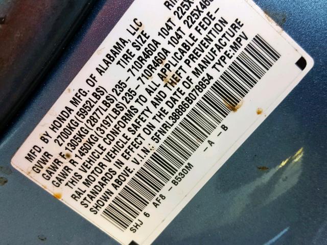 5FNRL38886B078854 - 2006 HONDA ODYSSEY TO BLUE photo 10