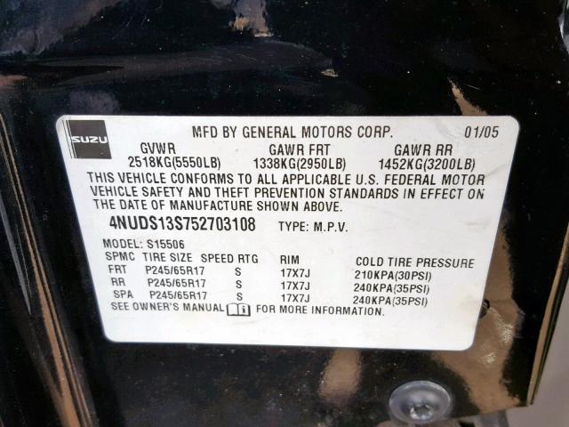 4NUDS13S752703108 - 2005 ISUZU ASCENDER S შავი ფოტო 10