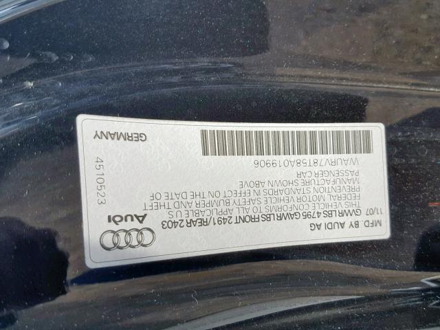 WAURV78T58A019906 - 2008 AUDI S5 QUATTRO BLACK photo 10