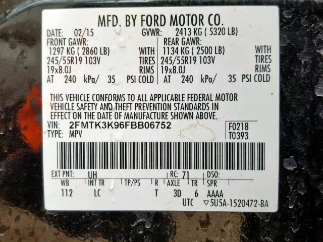 2FMTK3K96FBB06752 - 2015 FORD EDGE TITAN BLACK photo 10