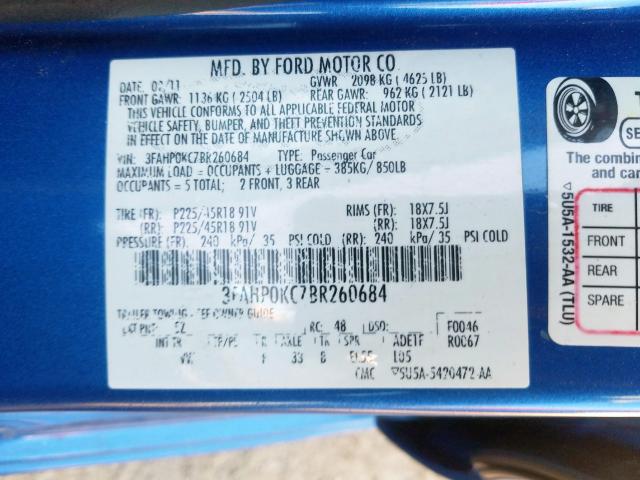 3FAHP0KC7BR260684 - 2011 FORD FUSION SPORT  photo 10