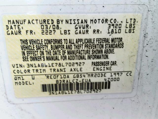 3N1AB61E78L702927 - 2008 NISSAN SENTRA 2.0 WHITE photo 10