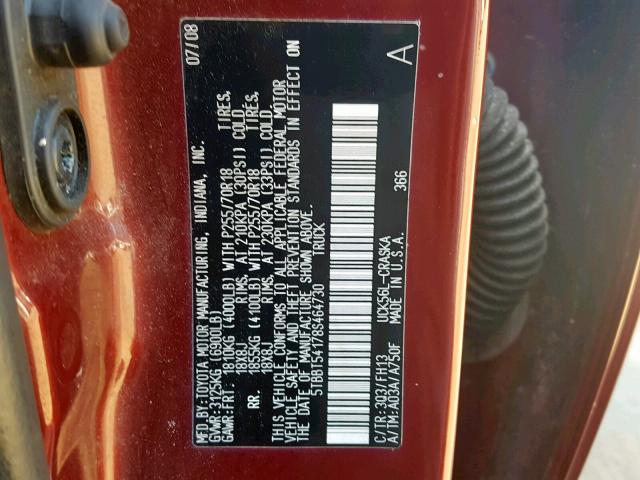 5TBBT54178S464730 - 2008 TOYOTA TUNDRA DOU MAROON photo 10