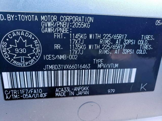 JTMBD31VX66016463 - 2006 TOYOTA RAV4 LIMIT SILVER photo 10