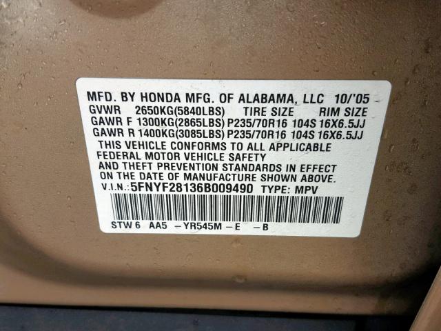 5FNYF28136B009490 - 2006 HONDA PILOT LX TAN photo 10