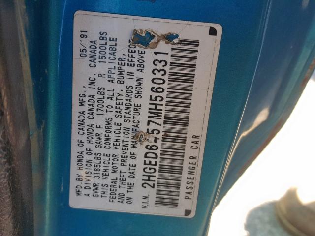 2HGED6457MH560331 - 1991 HONDA CIVIC DX TURQUOISE photo 10