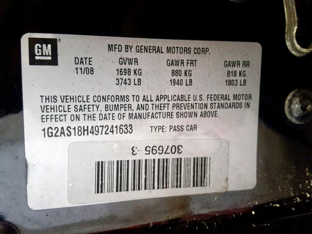 1G2AS18H497241633 - 2009 PONTIAC G5 BLACK photo 10