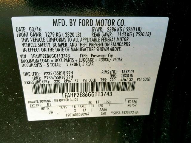 1FAHP2E86GG113743 - 2016 FORD TAURUS SEL BLACK photo 10