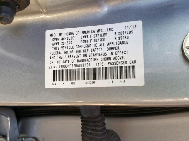 19UUB1F37HA006131 - 2017 ACURA TLX SILVER photo 10