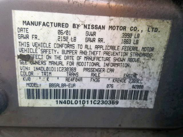 1N4DL01D11C230369 - 2001 NISSAN ALTIMA XE TAN photo 10