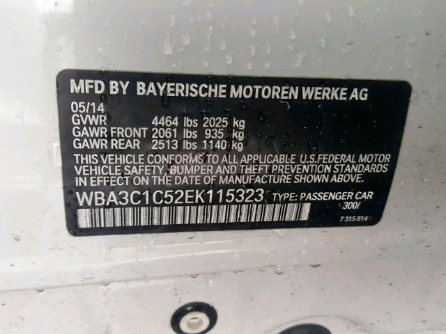 WBA3C1C52EK115323 - 2014 BMW 328 I SULE WHITE photo 10