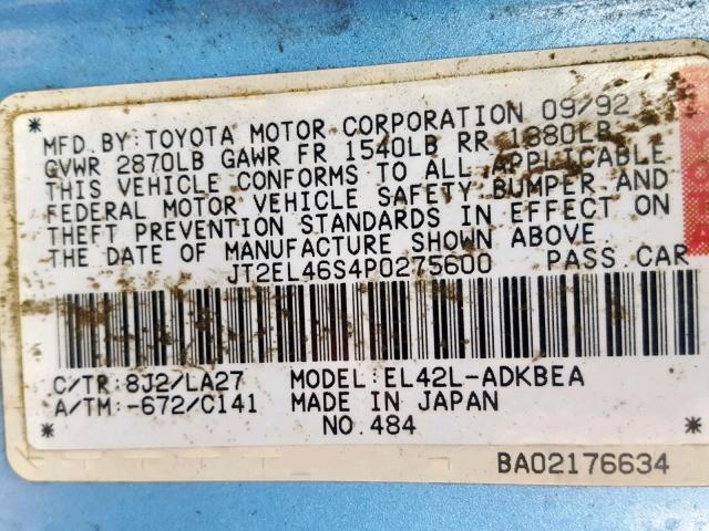 JT2EL46S4P0275600 - 1993 TOYOTA TERCEL STD BLUE photo 10