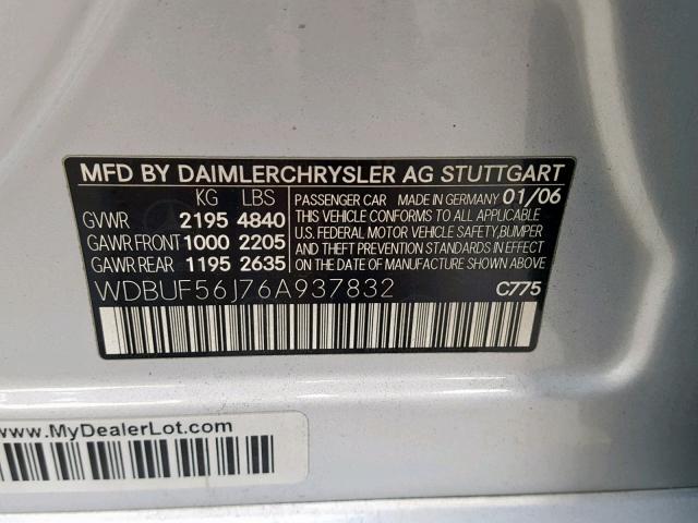 WDBUF56J76A937832 - 2006 MERCEDES-BENZ E 350 SILVER photo 10