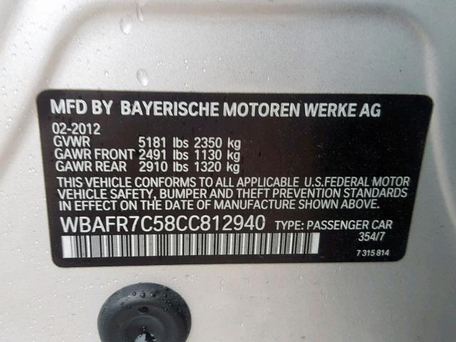 WBAFR7C58CC812940 - 2012 BMW 535 I SILVER photo 10