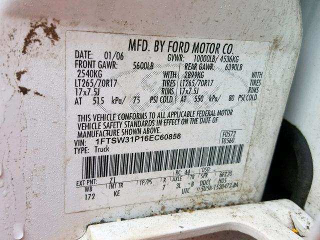 1FTSW31P16EC60858 - 2006 FORD F350 SRW S WHITE photo 10