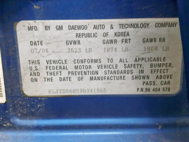 KL1TD56E59B341565 - 2009 CHEVROLET AVEO LS BLUE photo 10