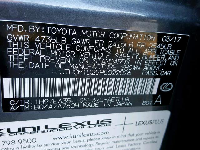 JTHCM1D25H5022026 - 2017 LEXUS IS 300 CHARCOAL photo 10