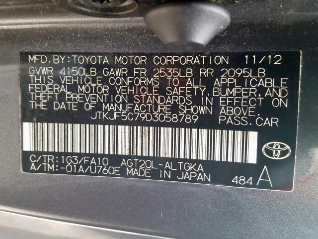 JTKJF5C79D3058789 - 2013 TOYOTA SCION TC ნაცრისფერი ფოტო 10