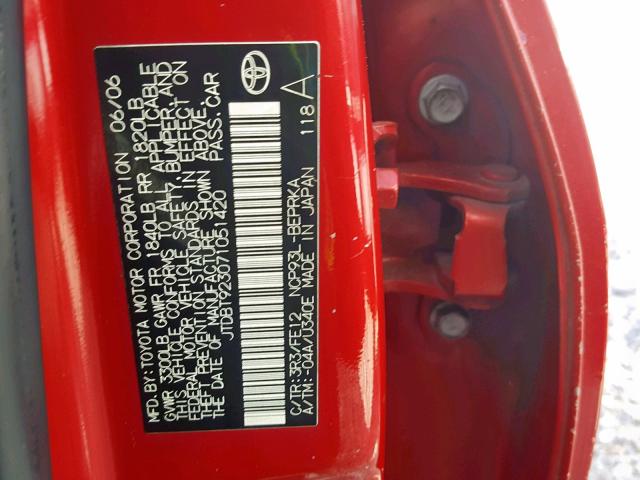 JTDBT923071051420 - 2007 TOYOTA YARIS RED photo 10