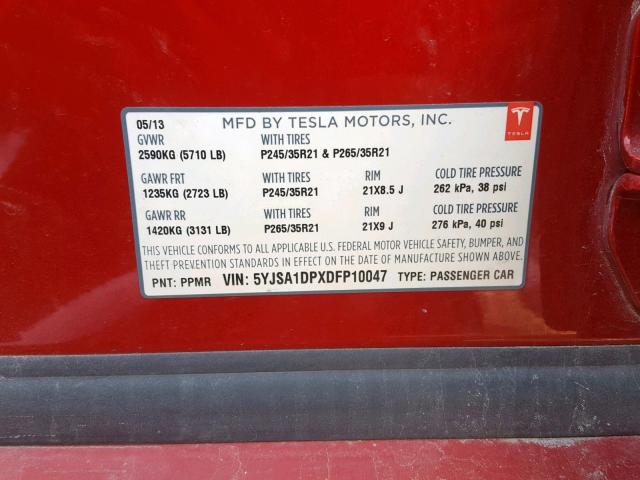 5YJSA1DPXDFP10047 - 2013 TESLA MODEL S RED photo 10