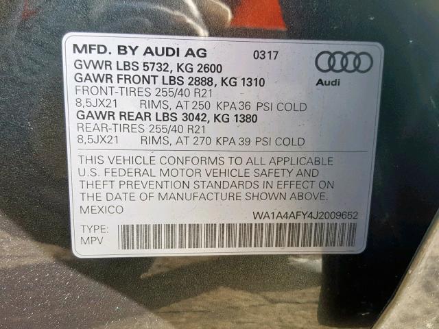 WA1A4AFY4J2009652 - 2018 AUDI SQ5 PREMIU CHARCOAL photo 10