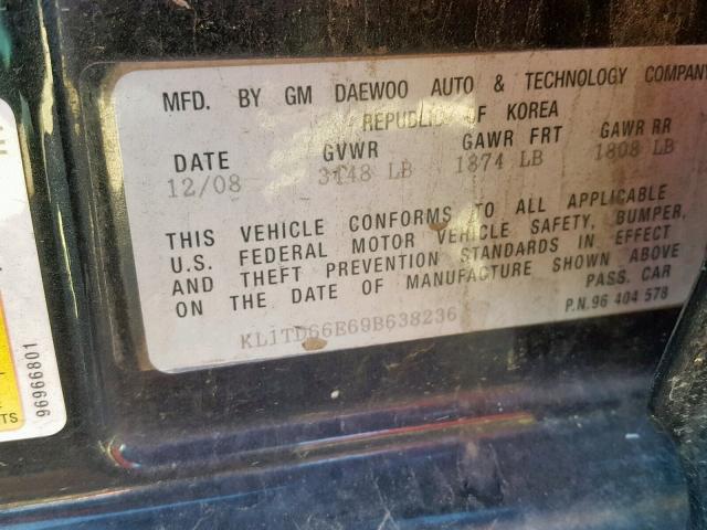 KL1TD66E69B638236 - 2009 CHEVROLET AVEO LS BLACK photo 10