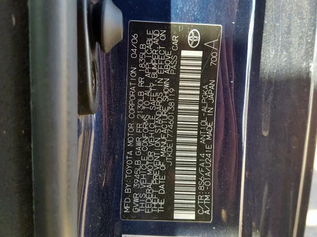 JTKDE177460138119 - 2006 TOYOTA SCION TC ლურჯი ფოტო 10