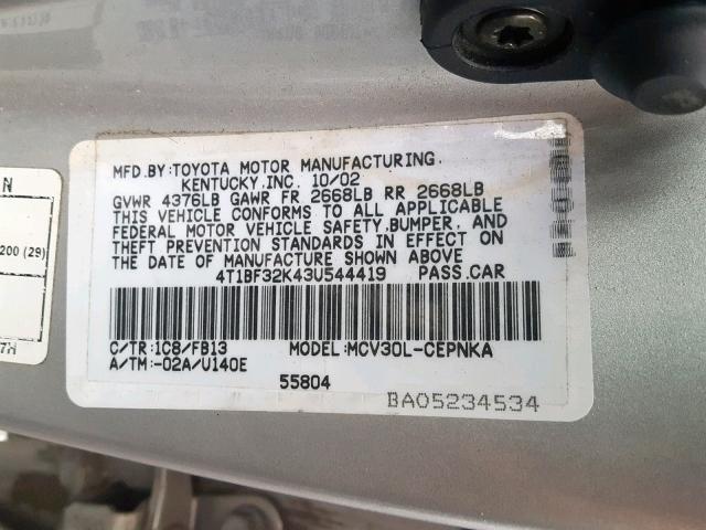 4T1BF32K43U544419 - 2003 TOYOTA CAMRY LE SILVER photo 10