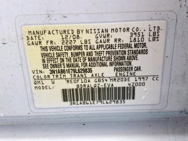 3N1AB61E79L629835 - 2009 NISSAN SENTRA 2.0 WHITE photo 10