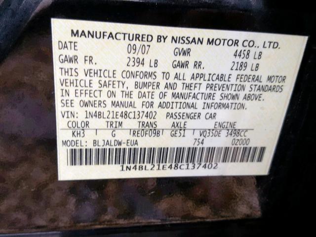 1N4BL21E48C137402 - 2008 NISSAN ALTIMA 3.5 BLACK photo 10