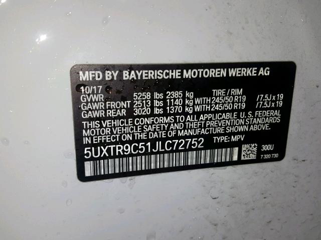 5UXTR9C51JLC72752 - 2018 BMW X3 XDRIVEM WHITE photo 10
