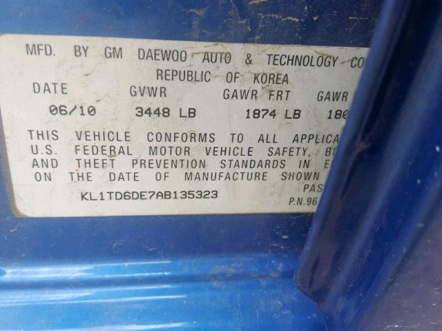 KL1TD6DE7AB135323 - 2010 CHEVROLET AVEO LS BLUE photo 10