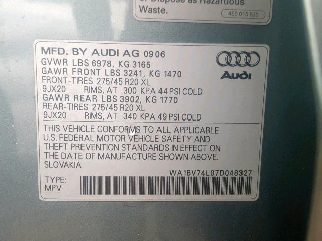 WA1BV74L07D048327 - 2007 AUDI Q7 4.2 QUA GREEN photo 10